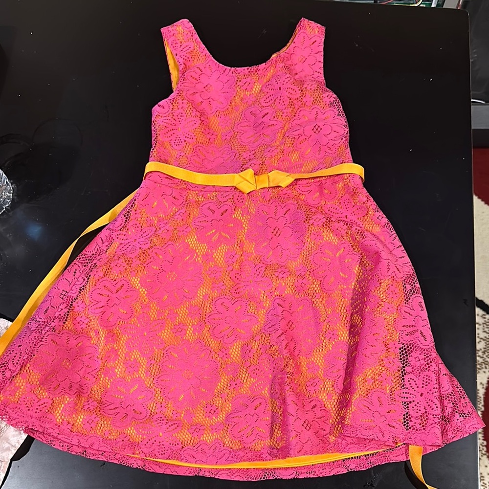 Pink Lace Dress with Yellow Bow